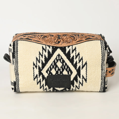 American Darling Hand Tooled Floral Leather Toiletry Bag with Hand-Woven Saddle Blanket
