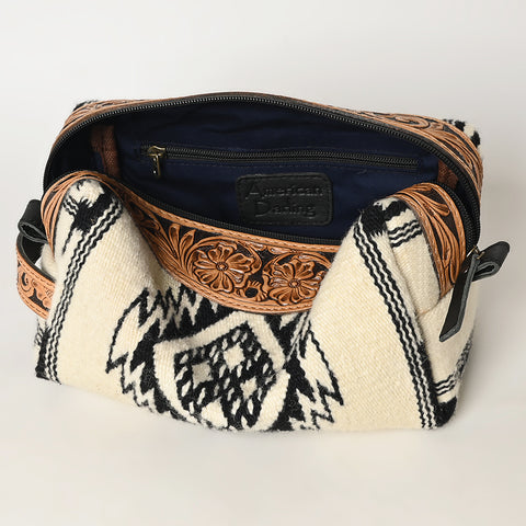 American Darling Hand Tooled Floral Leather Toiletry Bag with Hand-Woven Saddle Blanket