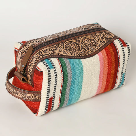 American Darling Hand Tooled Floral Leather Toiletry Bag with Hand-Woven Saddle Blanket
