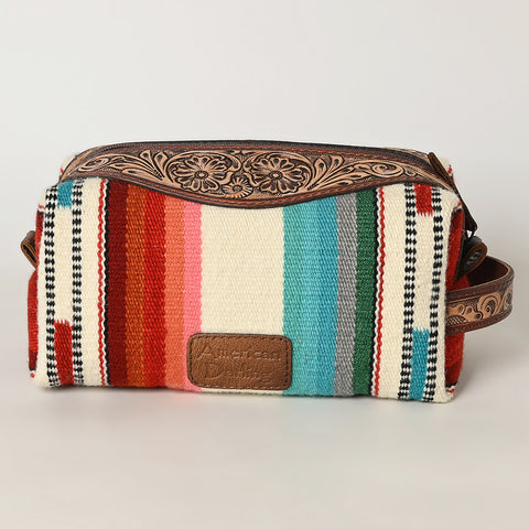 American Darling Hand Tooled Floral Leather Toiletry Bag with Hand-Woven Saddle Blanket