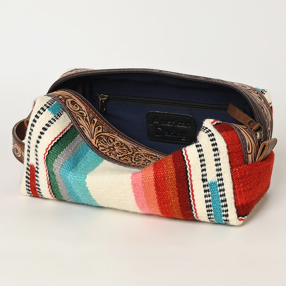 ADBG995 Western Saddle Blanket Toiletry Bag with Tooled Leather Trim American Darling Travel Case