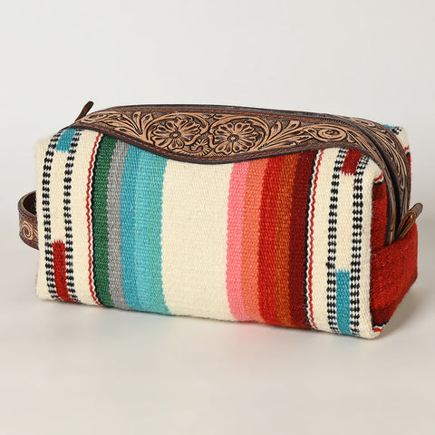 American Darling Hand Tooled Floral Leather Toiletry Bag with Hand-Woven Saddle Blanket