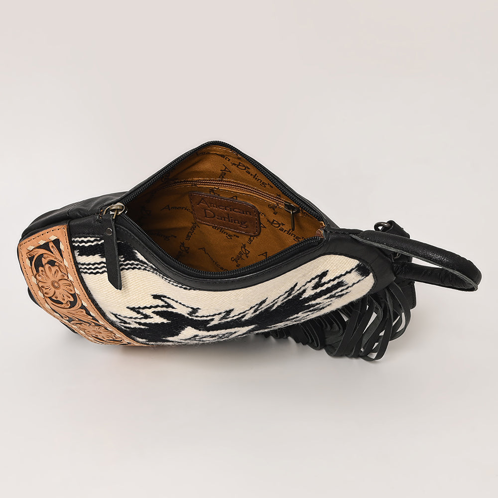 American Darling Handcrafted Western Leather Sling Bag with Floral Carved Design & Saddle Blanket Detail