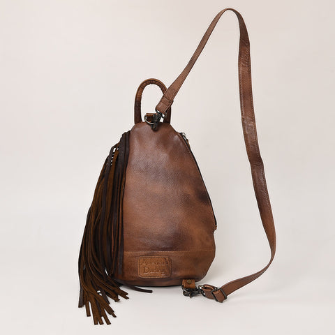 American Darling Handcrafted Western Leather Sling Bag with Floral Carved Design & Saddle Blanket Detail