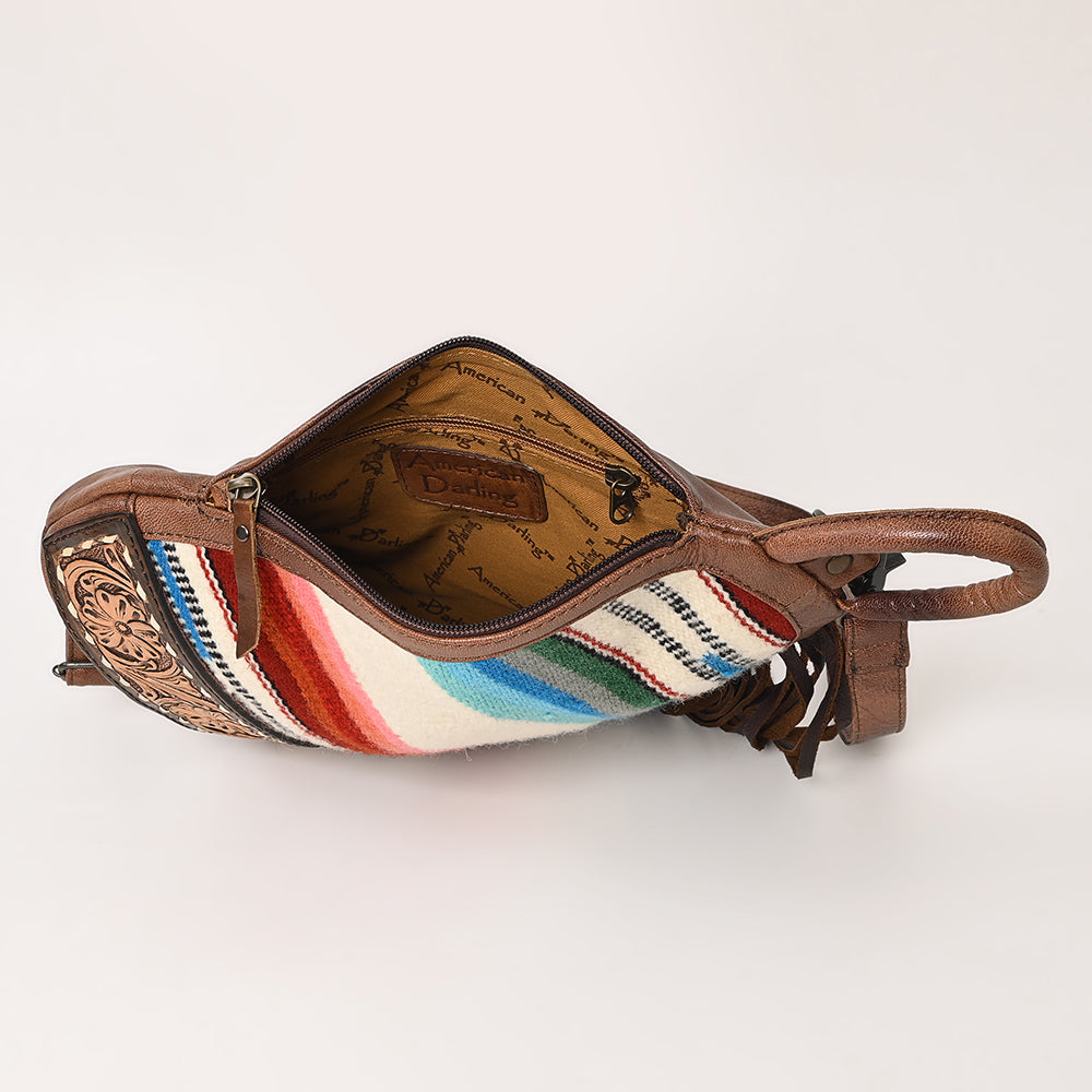 American Darling Handcrafted Western Leather Sling Bag with Floral Carved Design & Saddle Blanket Detail