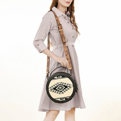 American Darling Western Leather Canteen Bag with Hand Woven Saddle Blanket & Tooled Strap