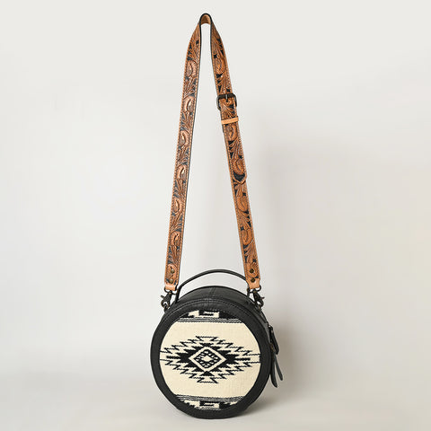 American Darling Western Leather Canteen Bag with Hand Woven Saddle Blanket & Tooled Strap