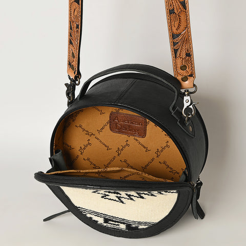 American Darling Western Leather Canteen Bag with Hand Woven Saddle Blanket & Tooled Strap