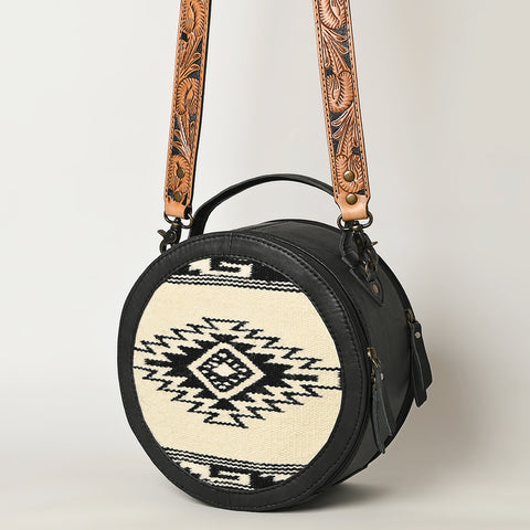 American Darling Western Leather Canteen Bag with Hand Woven Saddle Blanket & Tooled Strap