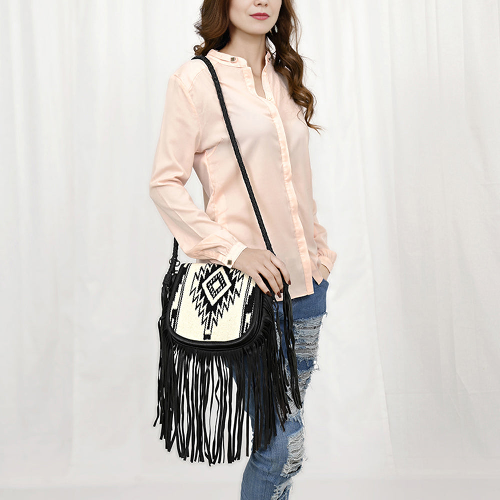ADBG1392 Wool Saddle Blanket Crossbody Genuine Western Leather fringes Women Bag