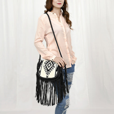 American Darling Western Leather Crossbody Bag with Fringe & Hand Woven Saddle Blanket Panel