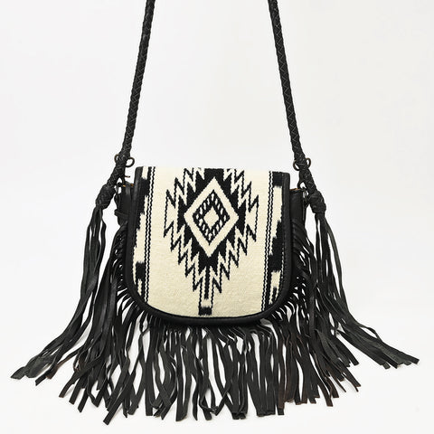 American Darling Western Leather Crossbody Bag with Fringe & Hand Woven Saddle Blanket Panel