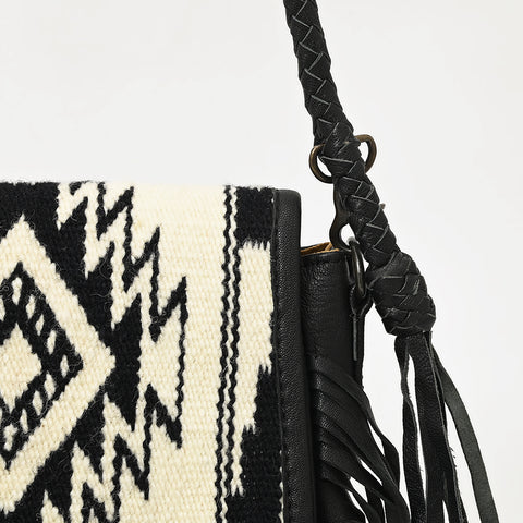 American Darling Western Leather Crossbody Bag with Fringe & Hand Woven Saddle Blanket Panel