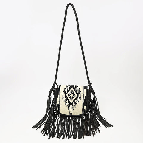 American Darling Western Leather Crossbody Bag with Fringe & Hand Woven Saddle Blanket Panel