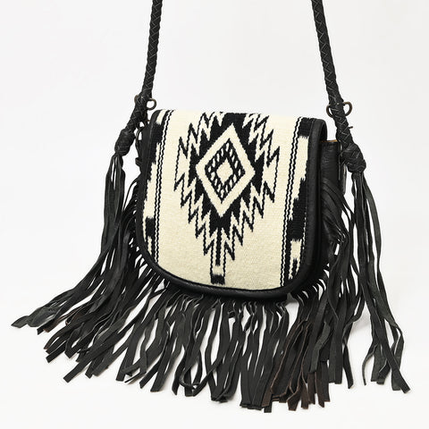 American Darling Western Leather Crossbody Bag with Fringe & Hand Woven Saddle Blanket Panel