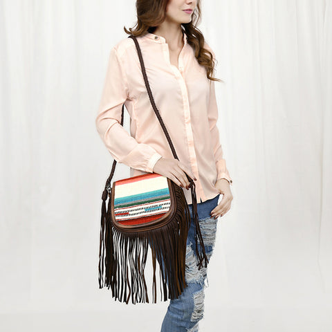 American Darling Western Leather Crossbody Bag with Fringe & Hand Woven Saddle Blanket Panel