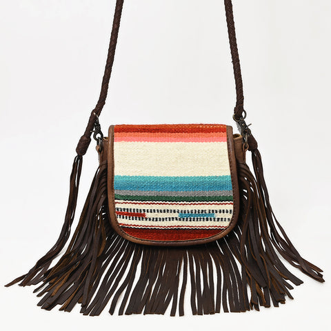 American Darling Western Leather Crossbody Bag with Fringe & Hand Woven Saddle Blanket Panel