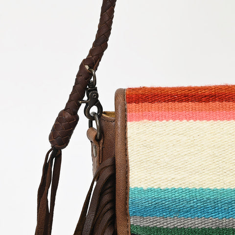 American Darling Western Leather Crossbody Bag with Fringe & Hand Woven Saddle Blanket Panel