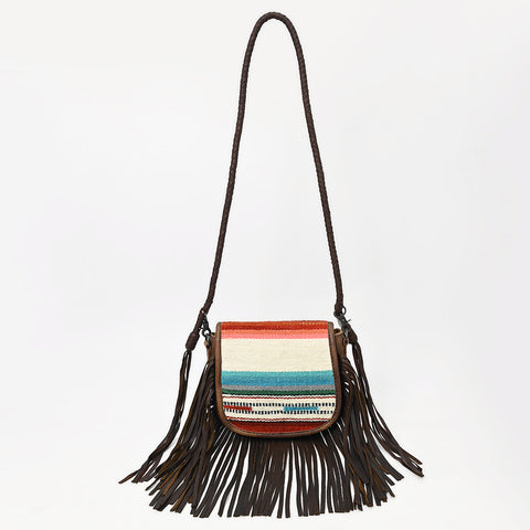 American Darling Western Leather Crossbody Bag with Fringe & Hand Woven Saddle Blanket Panel