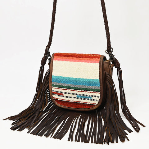 American Darling Western Leather Crossbody Bag with Fringe & Hand Woven Saddle Blanket Panel