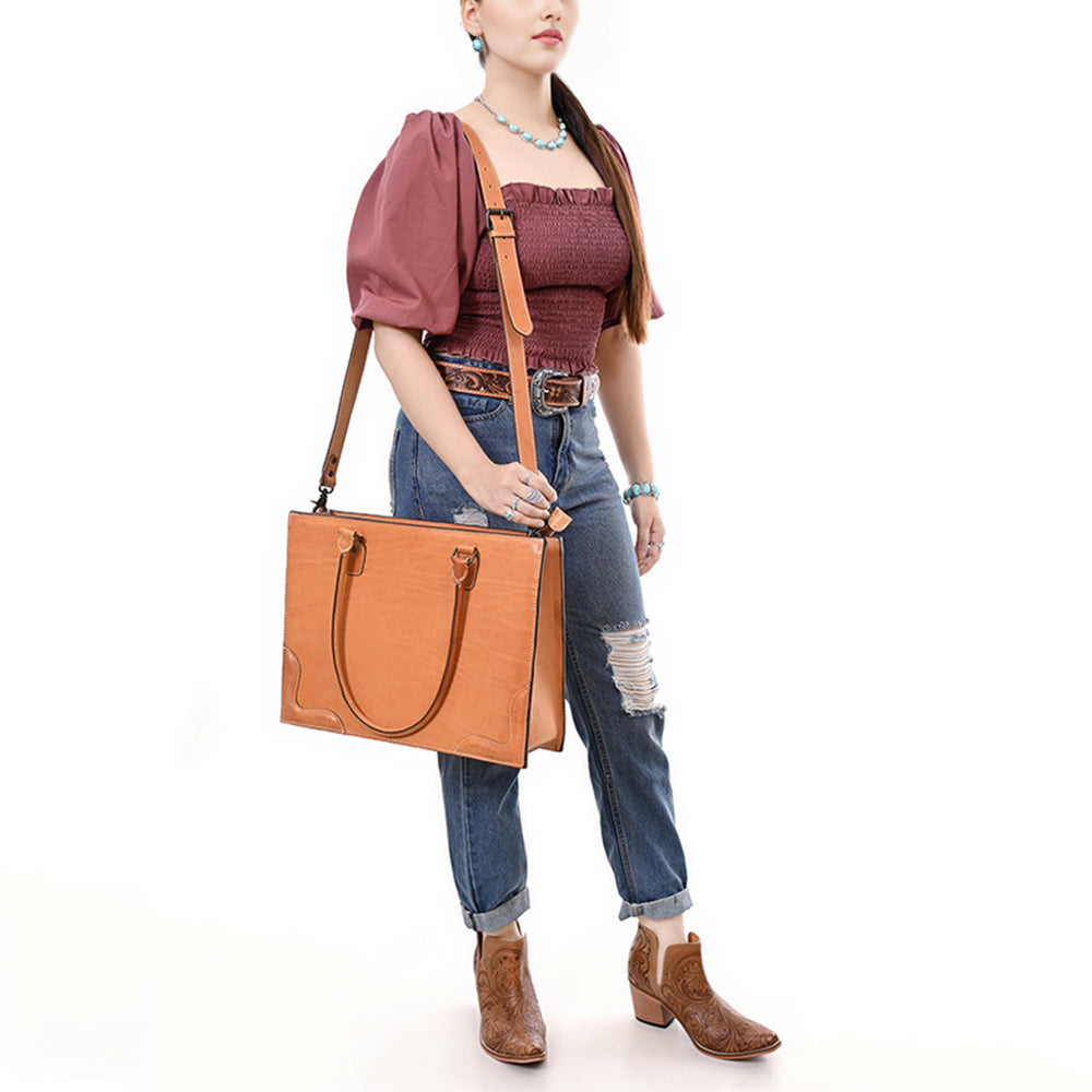 ADBG1394 Classic Tan Genuine Leather Tote Bag with Shoulder Strap - Western Minimalist