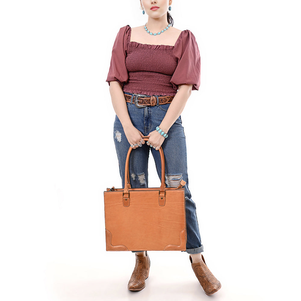 ADBG1394 Classic Tan Genuine Leather Tote Bag with Shoulder Strap - Western Minimalist
