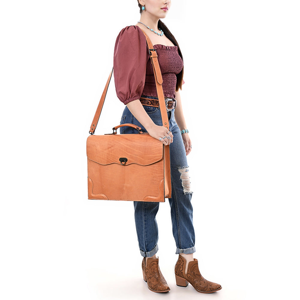 ADBG1395 Classic Tan Leather Briefcase - Western Style Messenger Bag for Men & Women