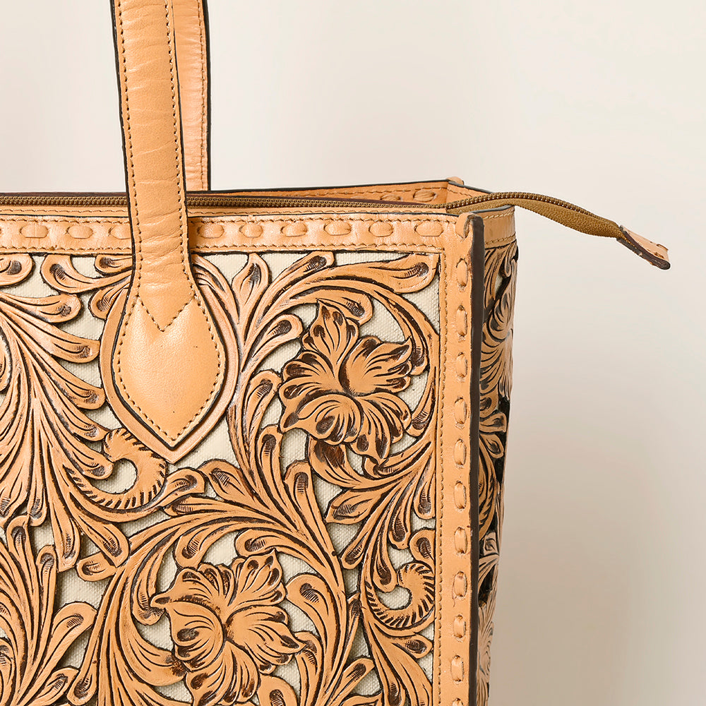 ADBGZ787 Large Hand-Tooled Leather Tote Bag - Full Floral Western Design