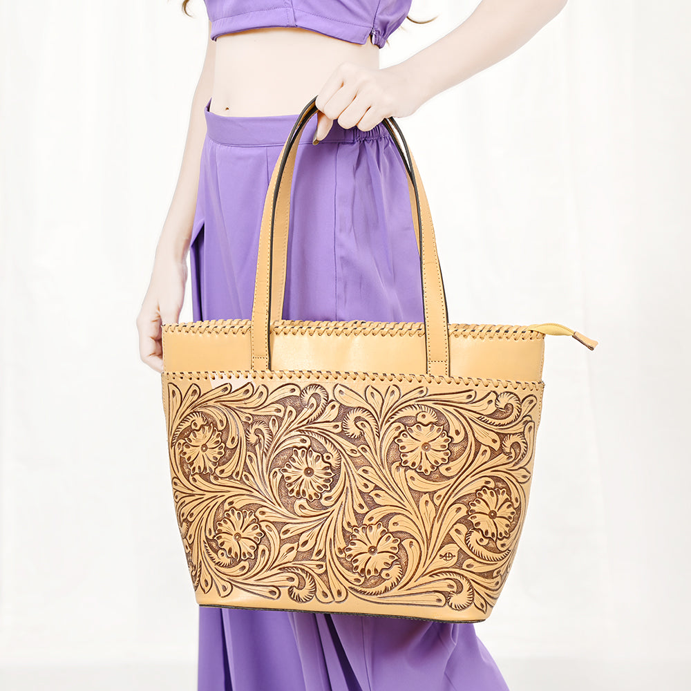 ADBGZ789 Hand-Tooled Leather Tote Bag - Western Floral Design