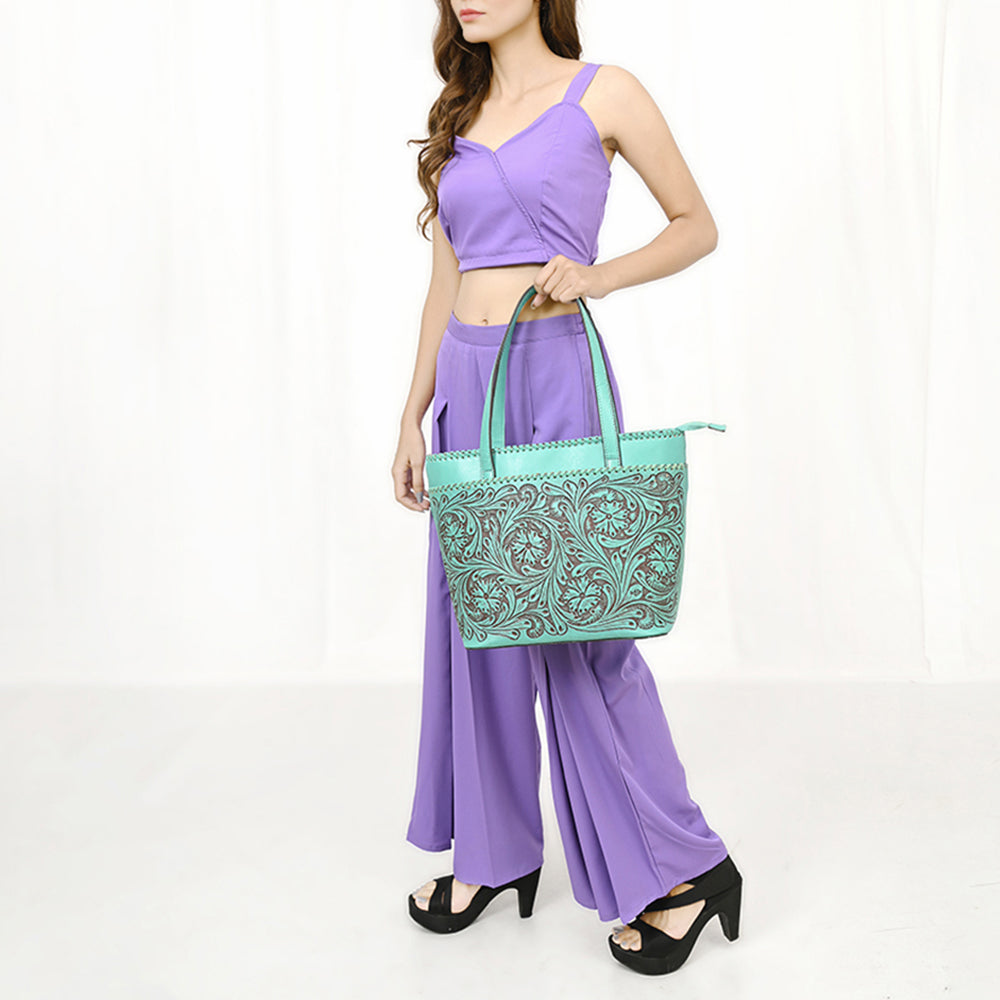 ADBGZ789 Hand-Tooled Leather Tote Bag - Western Floral Design