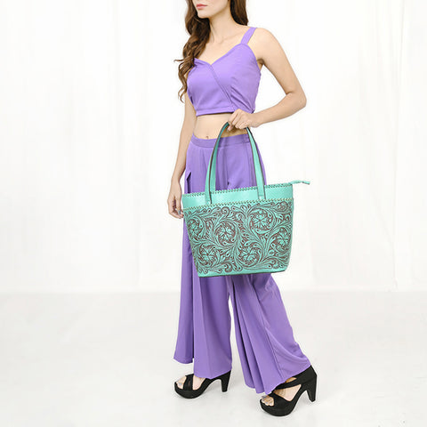ADBGZ789 Hand-Tooled Leather Tote Bag - Western Floral Design