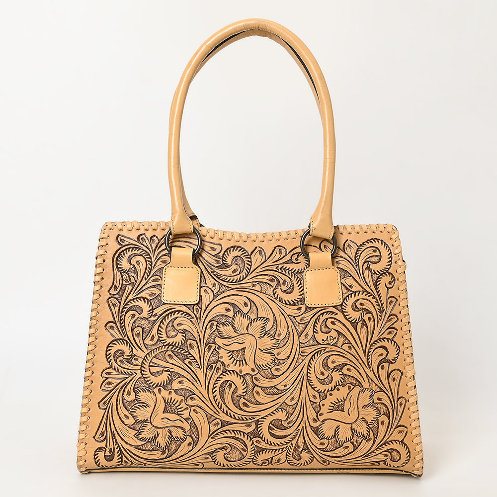 ADBGZ793 Hand-Tooled Western Leather Tote Bag - Floral Carving with Whipstitch Edges