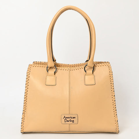 ADBGZ793 Hand-Tooled Western Leather Tote Bag - Floral Carving with Whipstitch Edges