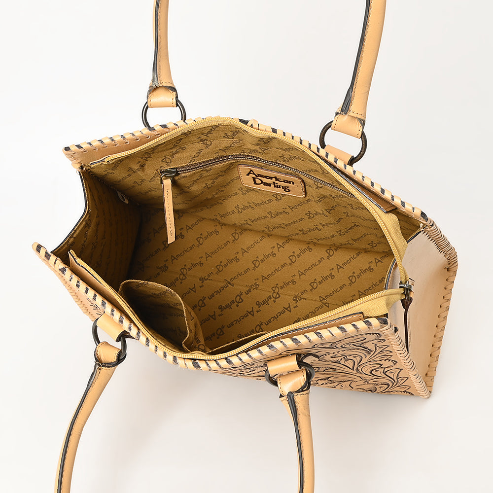 ADBGZ793 Hand-Tooled Western Leather Tote Bag - Floral Carving with Whipstitch Edges
