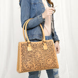ADBGZ793 Hand-Tooled Western Leather Tote Bag - Floral Carving with Whipstitch Edges