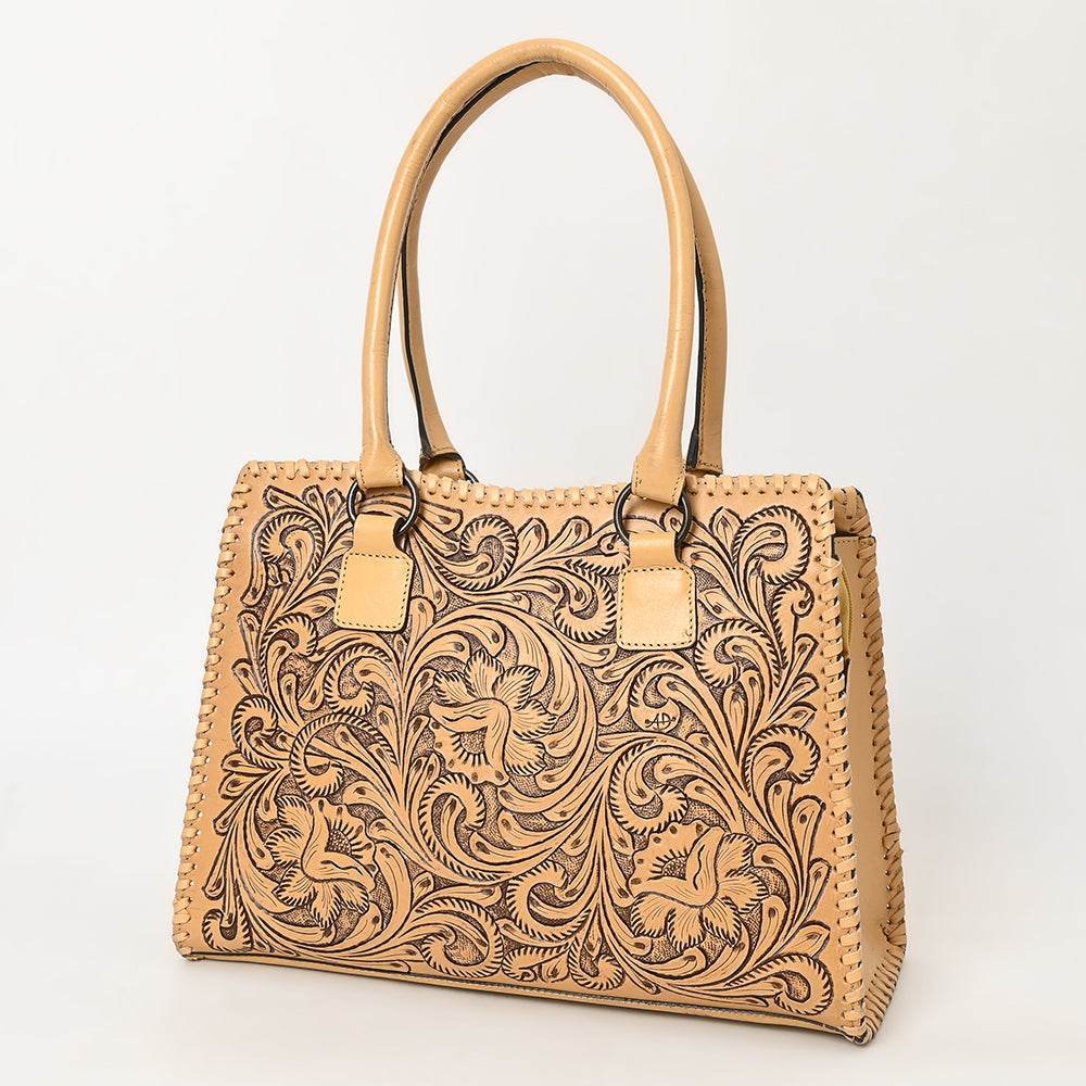 ADBGZ793 Hand-Tooled Western Leather Tote Bag - Floral Carving with Whipstitch Edges