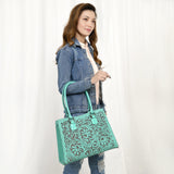 ADBGZ793 Hand-Tooled Western Leather Tote Bag - Floral Carving with Whipstitch Edges