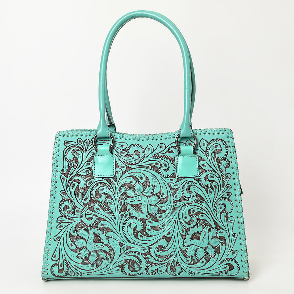 ADBGZ793 Hand-Tooled Western Leather Tote Bag - Floral Carving with Whipstitch Edges