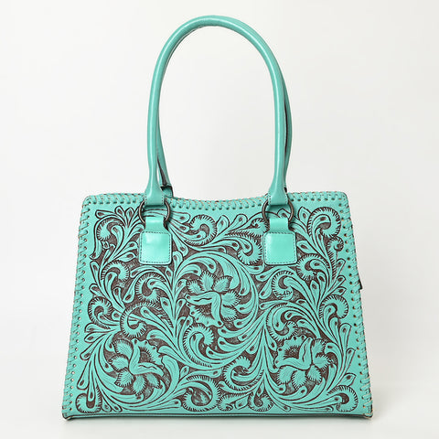 ADBGZ793 Hand-Tooled Western Leather Tote Bag - Floral Carving with Whipstitch Edges