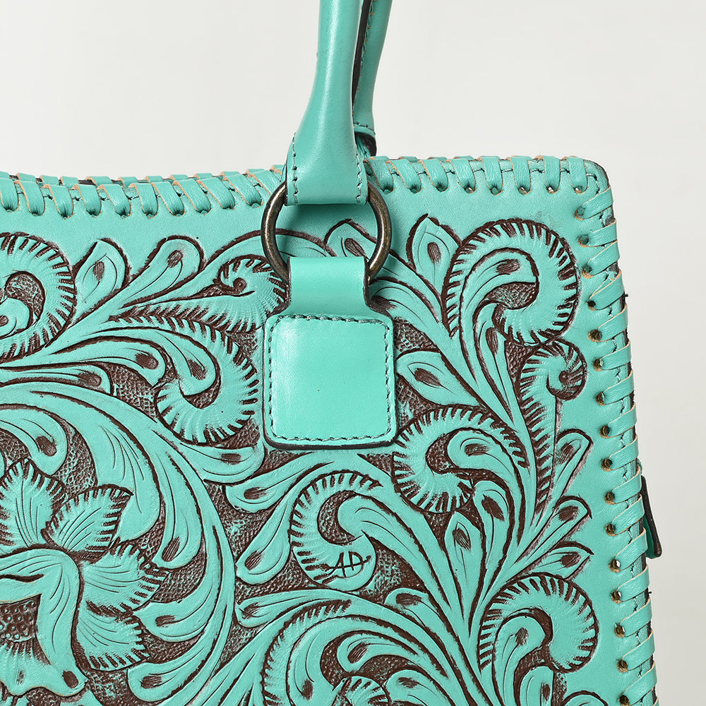 ADBGZ793 Hand-Tooled Western Leather Tote Bag - Floral Carving with Whipstitch Edges