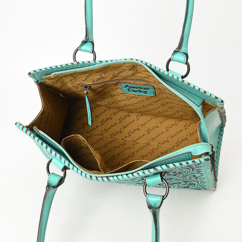 ADBGZ793 Hand-Tooled Western Leather Tote Bag - Floral Carving with Whipstitch Edges