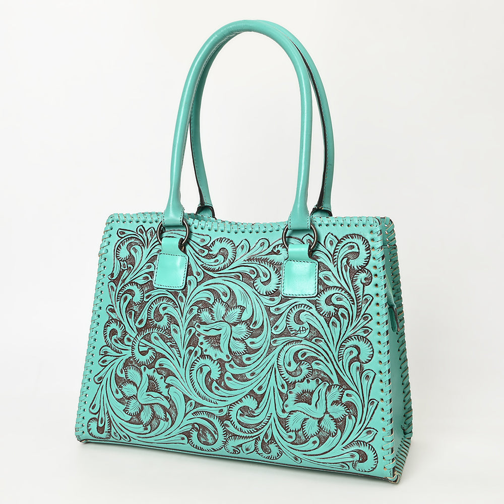 ADBGZ793 Hand-Tooled Western Leather Tote Bag - Floral Carving with Whipstitch Edges