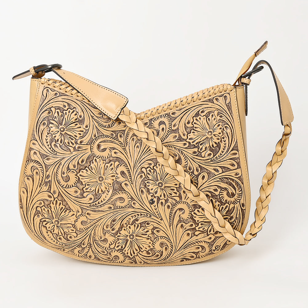 LC-ADBGZ795 Hand-Tooled Western Leather Hobo Bag - Floral Carving with Braided Strap
