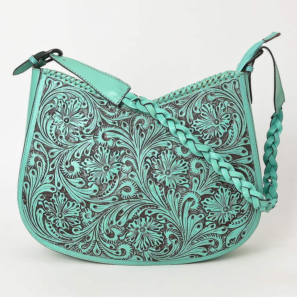 LC-ADBGZ795 Hand-Tooled Western Leather Hobo Bag - Floral Carving with Braided Strap