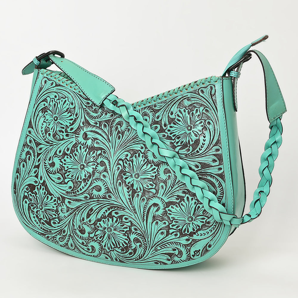 LC-ADBGZ795 Hand-Tooled Western Leather Hobo Bag - Floral Carving with Braided Strap