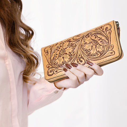 ADBGZ798 Hand-Tooled Genuine Leather Western Organiser - Floral Carving
