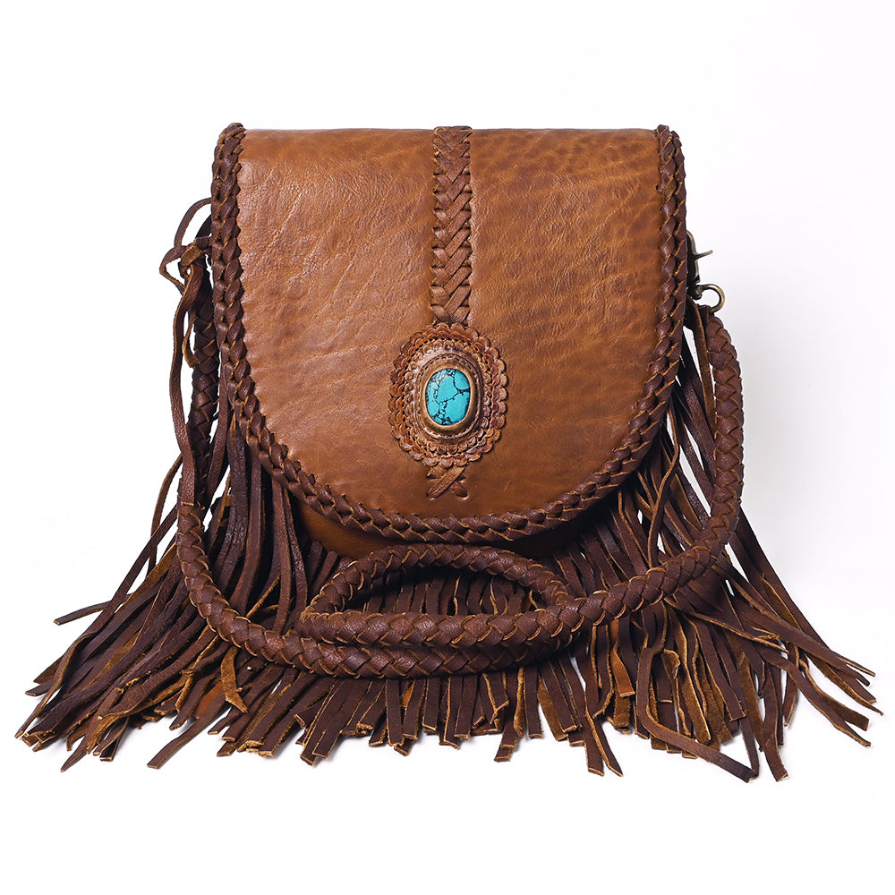 LC-ADBGM262 Tan Leather Fringe Messenger Bag - Braided Edge & Turquoise Concho