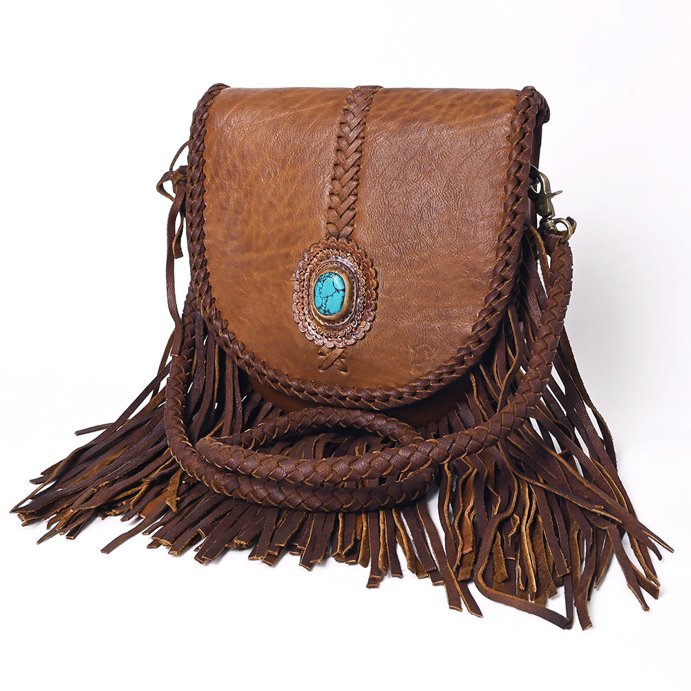 LC-ADBGM262 Tan Leather Fringe Messenger Bag - Braided Edge & Turquoise Concho