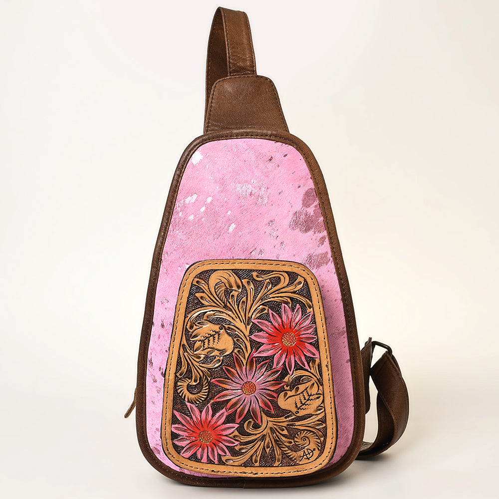 American Darling Pink Cowhide Sling Bag | Tooled Leather Backpack