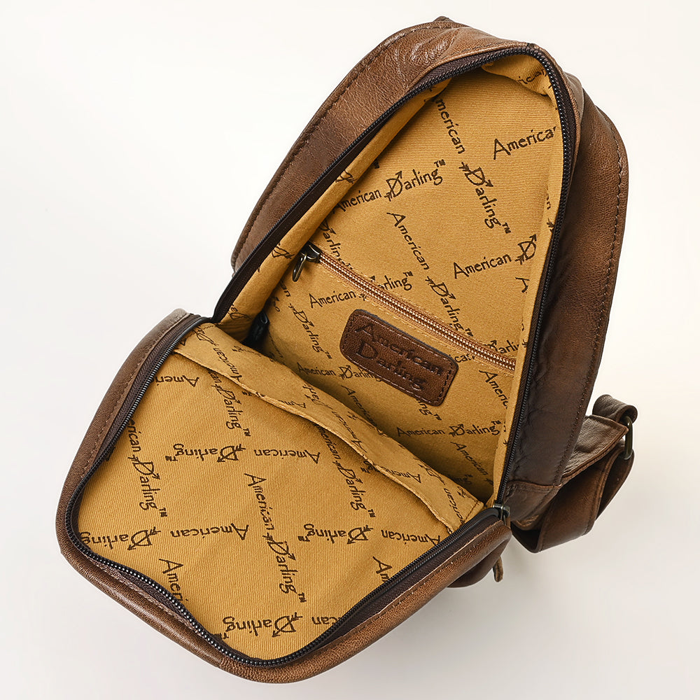 American Darling Pink Cowhide Sling Bag | Tooled Leather Backpack